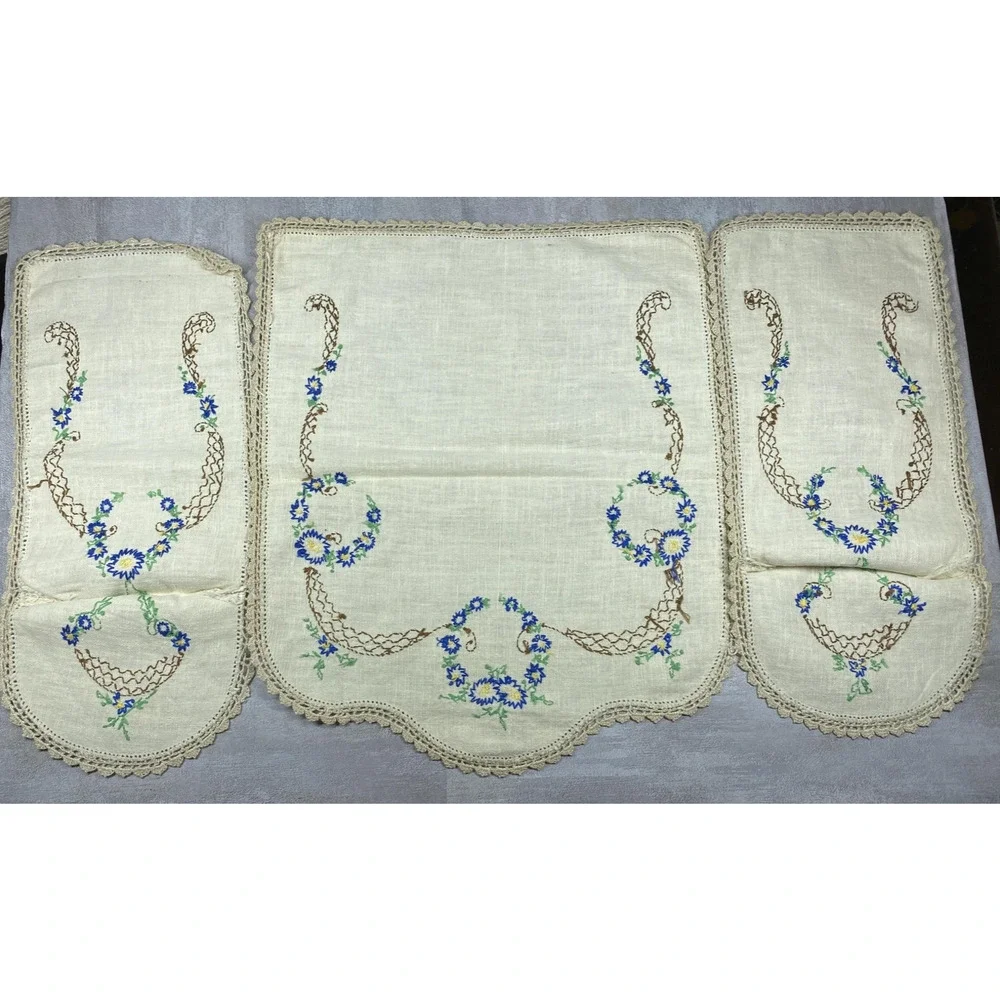 Vintage Beige Linen Embroidered Floral Couch Arm Covers Decor Crochet Set 3